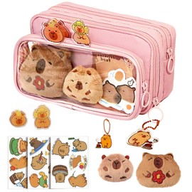 QUEENADA Caja de lápiz Capybara, Set de Estuche de Lápiz Extraíble de 10 Capas, Cremallera Capibara, Bolsa de Lápiz Con Pegatinas, Decoración de Almacenamiento de Escolar (Rosa)