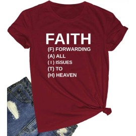Women Faith Round Neck Printed Graphic Short Sleeve Cute Funny T Shirts TopsColor: Wine red, Size: Xl