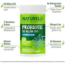 NATURELO- Probióticos para la Salud Digestiva 50 Mil Millones de UFC, 11 Cepas, Suplemento de Uso Diario Aumenta el Sistema Inmunológico