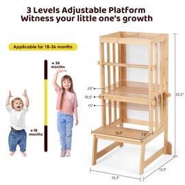 3 Height Adjustable Kids Step Stool, A-Shaped Structure Kids Standing Tower, Wooden Toddler Tower, Kids Standing Tower Aged 18-36 Months,with Safe Fences Suit in Kitchen/Bathroom, Natural