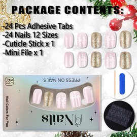 24Pcs Christmas Press on Nails Short Square Nails White Bow Snowflake Fake Nails with Glue Pink Gold Glossy Acrylic Nails Supply Full Cover Nail Tips Winter Xmas False Nails Stick on Nails for Women
