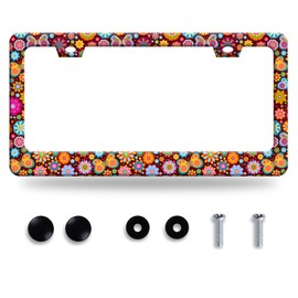 Hippie Flowers License Plate Frame Hippie Butterfly Floral License Plate Colroful Stainless Steel Auto Parts Funny License Plate Decoration with Screws Size 12.3 "x 6.3"