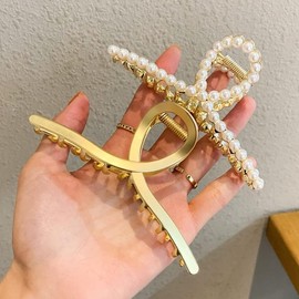 2 Pcs Metal Large Hair Claws for Women - Matte Gold with Pearls, Non-Slip Thick Hair Clips, Threaded Shining Strong Crab Barrettes for Long Hair