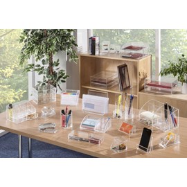 OSCO Clear Acrylic Tape Holder with Tape | Desktop Tape Dispenser | 2 Slots for Pens or Pencils | Clear Rubber Pads Non Slip | H6.4 x W5 x D12.7 cm |