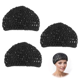 PAVIKE Hair Net Night Hair Cap Hair Net Hair Cap Set of 3 Black Crochet Knit Sleeping Hair Net Fitted Hair Cover Wrap Comfortable Hair Care Wave Cap for Women Curl Keep Ballet Organize Shower Bath