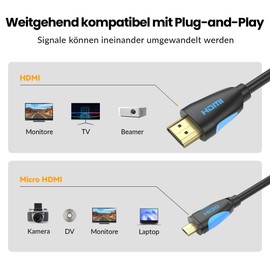 JAMEGA - 2 m Micro HDMI Cable 2.0 | 4K Ultra HD 2160p / Full HD 1080p | 3D / ARC/CEC / HDR | High Speed with Ethernet Compatible with Raspberry Pi 4, Gopro, Lenovo, TV, PC, Notebook