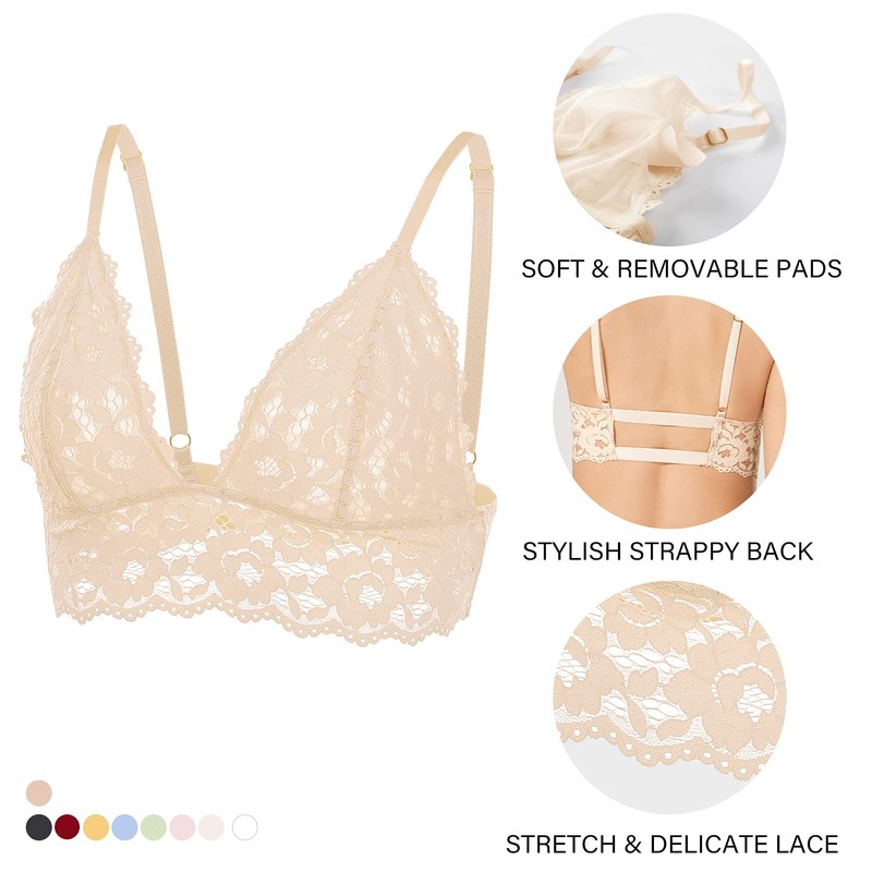 Dobreva Women's Lace Bralette, Removable Pads, Non-Wired Triangle Bra -