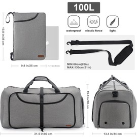 100L Trave Duffle Bag for Men, Foldable Large Duffle Bag for Travel with Shoe Compartment, Gym Overnight Weekender Bag for Men Women, Waterproof & Tear-Resistant, Gray