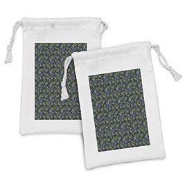 Lunarable Leaves Greenery Fabric Pouch Set of 2, Asian Boho Concept Leafy Pattern on Japanese Waves Back Modern, Small Drawstring Bag for Toiletries Masks and Favors, 9" x 6", Royal Blue Dark Blue
