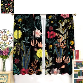 Boho Floral Blackout Window Curtain, Colorful Flower Leaves Design Modern Rustic Country Wildflower for Bedroom Living Room Studio Dorm Window Curtain Drapes 2 Panels 52x84in