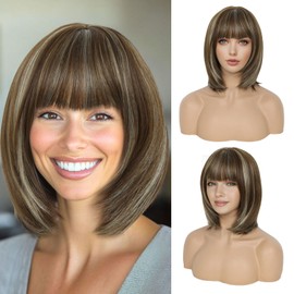 Luxclipse Brown Bob Wigs Human Hair Bangs Short Straight Glueless Highlight Blonde Daily Party Lightweight Natural Looking Breathable Capless (Brown Mixed Blonde,12 Inch)