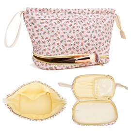Long Keeper Floral Aesthetic Cosmetic Bag Women Cotton Double Layer Large Make Up Bag Flower Travel Toiletry Organizer Bag, Red Flower, one size, Trendy