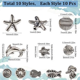 SUNNYCLUE 1 Box 100Pcs 10 Styles Ocean Beads Sea Life Beads Tibetan Alloy Summer Turtle Fish Starfish Dolphin Silver Sea Beads for jewellery Making Beads Findings Supplies DIY Craft Necklace Bracelet