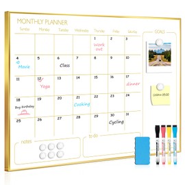 QUEENLINK Magnetic Dry Erase Calendar Board for Wall - 24'' x 18'' Monthly Calendar Whiteboard - Gold Aluminum Frame