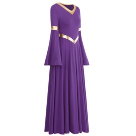 Metallic Gold V Neck Praise Dance Dress for Women Bi Color Block Liturgical Long Loose Fit Full Length Swing Worship Gown Ruffle Tunic Circle Skirt Costume Church Robe Praisewear Purple M