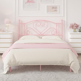 Weehom Full Size Bed Frame with Headboard, Heavy Duty Metal Platform Under Bed Storage Space No Box Spring Needed, Pink