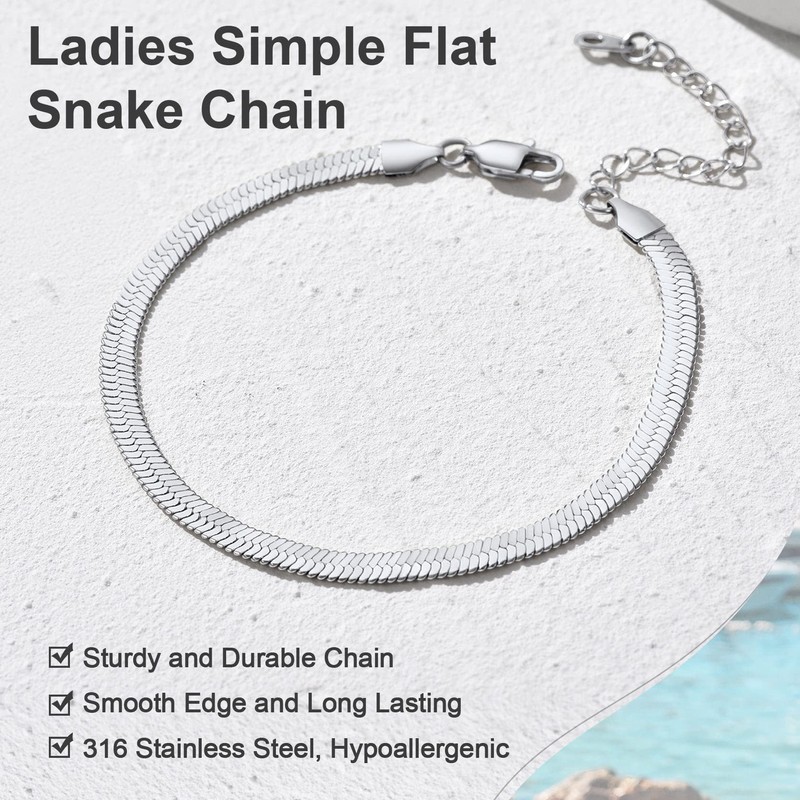 GoldChic Herringbone Chain Ankle Bracelets, Stainless Steel 5mm Flat Link