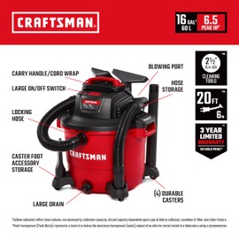 CRAFTSMAN CMXEVBE17595 16 Gallon 6.5 Peak HP Wet Dry Vac, Heavy-Duty Shop Vacuum Wet and Dry with Filter, Dust Bag, Hose and Attachments for Home Projects & Renovations