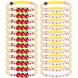 Liliaafar 24 Pack Teacher Bracelet Teacher Appreciation Gift Polymer Wood Clay Beaded Bracelets Teach Inspire Love Letter Apple Charm Jewelry Graduation Back to School Must Have Present from Student