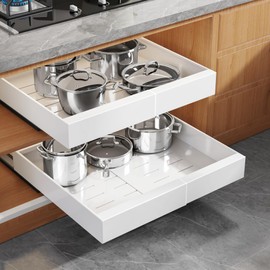 Seinloes 2 Pack Expandable Pull Out Cabinet Organizer 16.5"Deep with Raising Pad for Framed Cabinets,Upgrade 3 Slide Rails Slide Out Drawers,Roll Out Shelves Adhesive,Adjustable Width 12.2"-20.4"White