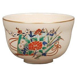 Hideka Miyachi Eikou Matcha Bowl, White, Size: Diameter 4.9 x Height 3.1 inches (12.4 x 7.8 cm), Ninsei Scarlet Fan, in Paper Box