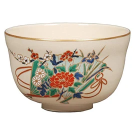 Hideka Miyachi Eikou Matcha Bowl, White, Size: Diameter 4.9 x Height 3.1 inches (12.4 x 7.8 cm), Ninsei Scarlet Fan, in Paper Box