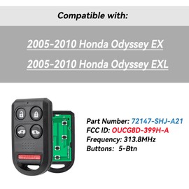 Car Key Fob Replacement for Odyssey Remote Key Fob Fit for Honda Odyssey EX 2005 2006 2007 2008 2009 2010 Odyssey EXL Keyless Entry Remote Fob OUCG8D-399H-A, 72147-SHJ-A21