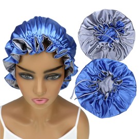 Adjustable Silk Satin Bonnet Hair Care Caps for Women Girls Loose-fitting Reversible Sleeping Cap Shower Caps Hair Wrap Bonnets (006 Royal/Silver)