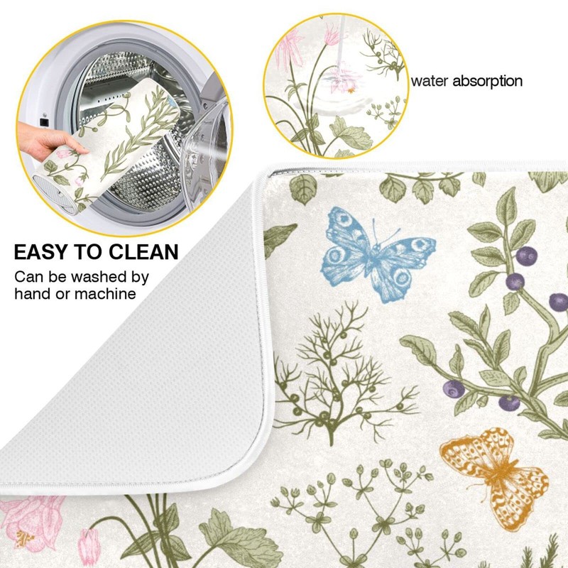 Herbs Flowers Botanical Butterfly Dish Drying Mat for Kitchen Counter