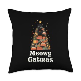 Meowy Catmas Cat Christmas Tree Books Cat Lover Throw Pillow