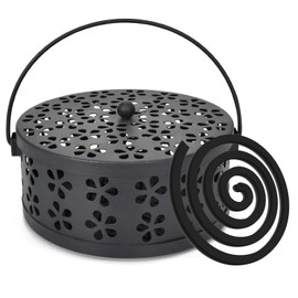 Emperoch Portable Mosquito Coil Holder, 5.7 Inch Round Mosquito Coil Holder with Lid and Handle, Metal Fireproof Incense Burne Holder for Indoor Home Patio Garden Outdoor Camping Fishing (Black)