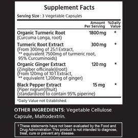 ML Naturals Turmeric Curcumin 180 Vegetable Capsules | Organic Turmeric 1,800 mg | Turmeric Root 7,500 mg Equivalent - 300mg of 25:1 Extract | Non-GMO, Gluten Free | NSF-Certified & cGMP-Compliant