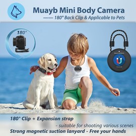 Muayb Mini Body Camera 1080P, Wearable Body Cam with 180° Rotatable Clip and Magnetic Lanyard, 2500mAh Charging Case, 128GB IPX7 Waterproof Small Body Camera for Pets, Swimming, Travel, Work (Black)