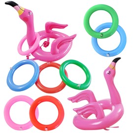 EDLMKM 2 Sets Inflatable Flamingo Hat with Rings, Flamingo Inflatable Ring Toss Games, FFlamingo Pool Party Decorations, SummerParty Games, Luau Summer Pool Party Decor Swimming Game, 8 Rings Toss