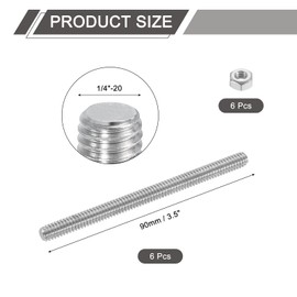 sourcing map 1/4"-20 Fully All Threaded Rod, 6 Pcs 304 Stainless Steel Long Threaded Screw 3.5" Length Right Hand Threads for Furniture Mounting Assembly Fastening