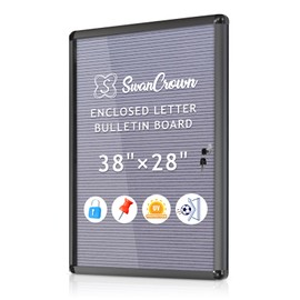 SWANCROWN Enclosed Bulletin Board with Locking Door 38x28 in, Lockable Felt Letter Board Sign Tamperproof Message Board for Office School Home, Black Aluminum Frame, Grey