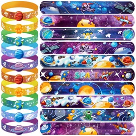 DMIGHT Space Party Favors, 30 Pcs Outer Space Themed Birthday Decorations, 10 Silicone Bracelet, 20 Slap Bracelet for Astronaut Kids Birthday Gift