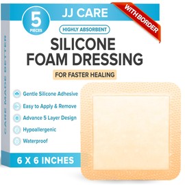 JJ CARE Silicone Foam Dressing 6x6 [Pack of 5], Silicone Bandages for Wounds, Waterproof Wound Dressing with Adhesive Border, Absorbent Bed Sore Bandages for Wound Care