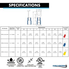 Kable Kontrol Insulated Fork Terminals PVC Spade Connectors – Copper - 12-10 AWG, Stud Size #8 100 Pcs – Marine Grade Electrical Wire Crimp Terminals, for Automotive, Marine HVAC, Aerospace - Yellow
