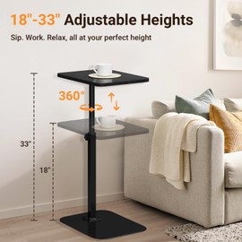 ELYKEN TV Tray Table, C-Shape Couch Desk, 360° Swivel Side Table Height Adjustable, Laptop Stand for Couch Recliner, Small Bedside Tables (Black)