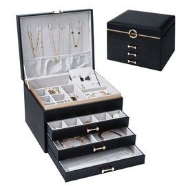 V-LAFUYLIFE Jewelry Box，4-Layer Large Jewelry Organizers for Women with 3 Drawers,Storage Modern Style Jewelry Boxes Storage of Earrings Rings Bracelets Necklace（Black）