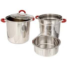 ExcelSteel 8 Qt Multifunction Stainless Steel Pasta Cooker with Encapsulated Base, Vented Glass Lid, and Riveted Silicone Covered Handles
