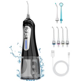 Flosser Cordless for Teeth Pick Cleaning - Powerful Oral Irrigator with 6 Adjustable Modes,320ML Portable & Rechargeable IPX7 Waterproof Cleaner Picks for Home Travel (Black)