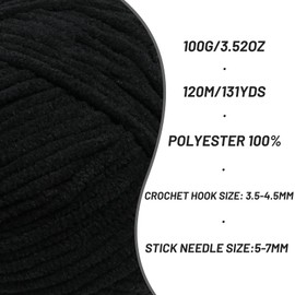 Plush Chenille Chunky Crochet Amigurumi Yarn - Baby Yarn for Crocheting Soft - Fluffy Velvet Knitting for Blankets Crafts 100g / 131yd (Black)