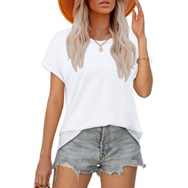 WEESO Womens Tops Crew Neck Rolled Short Sleeve White T Shirts Basic Tees Casual Summer Outfits Spring Clothes Plus Size 2025 XXL