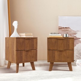 Nightstands Set of 2 with Drawers, Modern Large Striped Bed Side Table with 2 Drawers, Mid Century Modern Night Stand with 2 Drawers, Bedside Table End Table with 2 Drawers & Solid Wood Legs (Walnut)