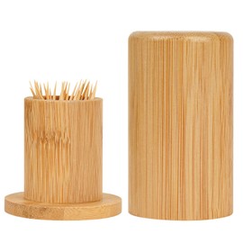 SHIDOW Toothpick Holders, Bamboo Toothpick Dispenser Box, Wooden Reusable Toothpick Holder Home Living Room Cotton Swab Storage Tank. (Round light wood color)
