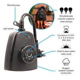 GE Outdoor Outlet, Dusk-to-Dawn Sensor, 3 Grounded Outlet, 8/6/4/2hr Countdown, Weather-Resistant, Light Sensing, Seasonal, Outdoor Timer, Black, 1 Pack, 62722