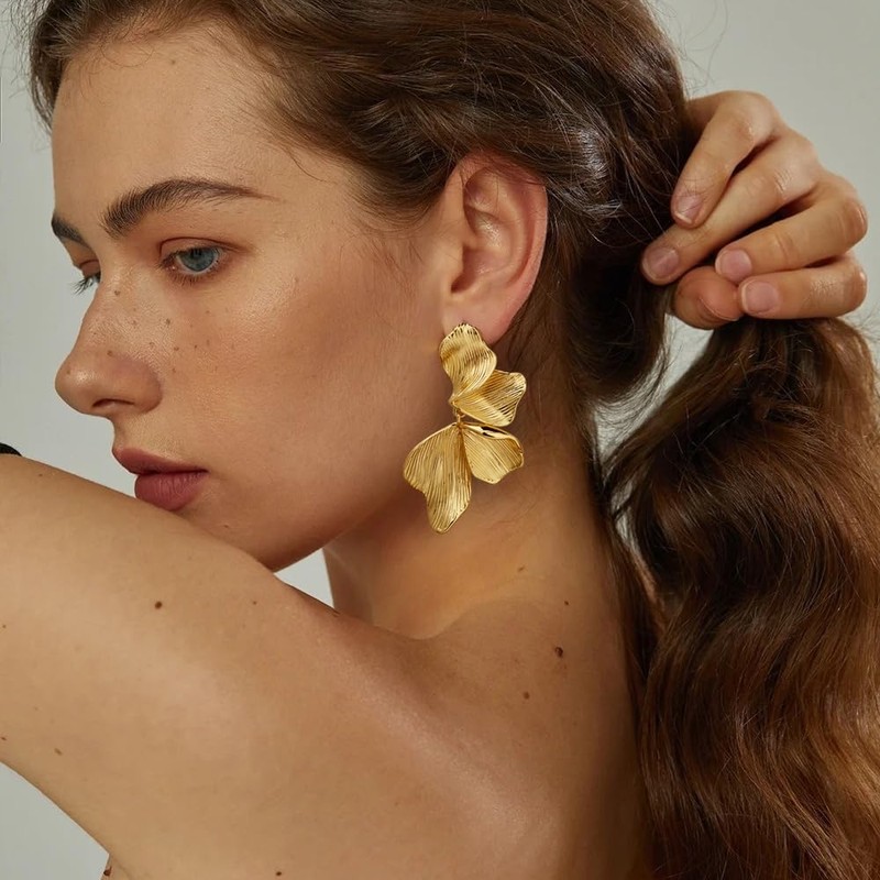 Gold Statement Earrings For Women 18K Gold Plated Sectored Flower