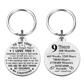 ABBNT 9 Year Anniversary Keychain Gifts - Steel Engraved 9th Wedding Anniversary Keepsake - Happy Nine Year Anniversary for Men Husband Women Wife